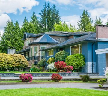 A blue house surrounded by trees and bushes gets assistance from the Tomahawk Emergency Tree Service.